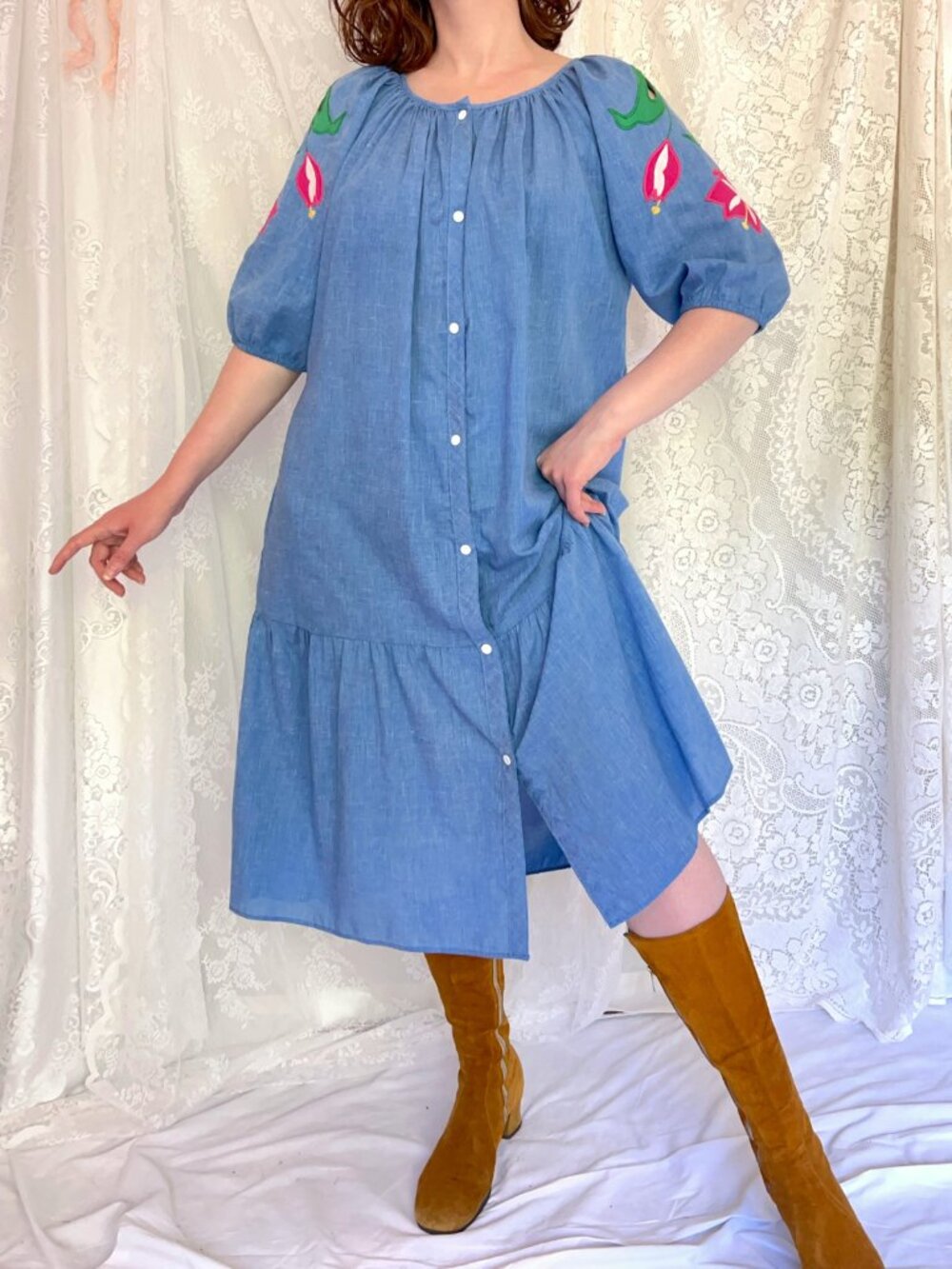 Vintage 70s Blue Dress, Puff Sleeves, Fabric Appliqué Tulips, Cottagecore Muumuu